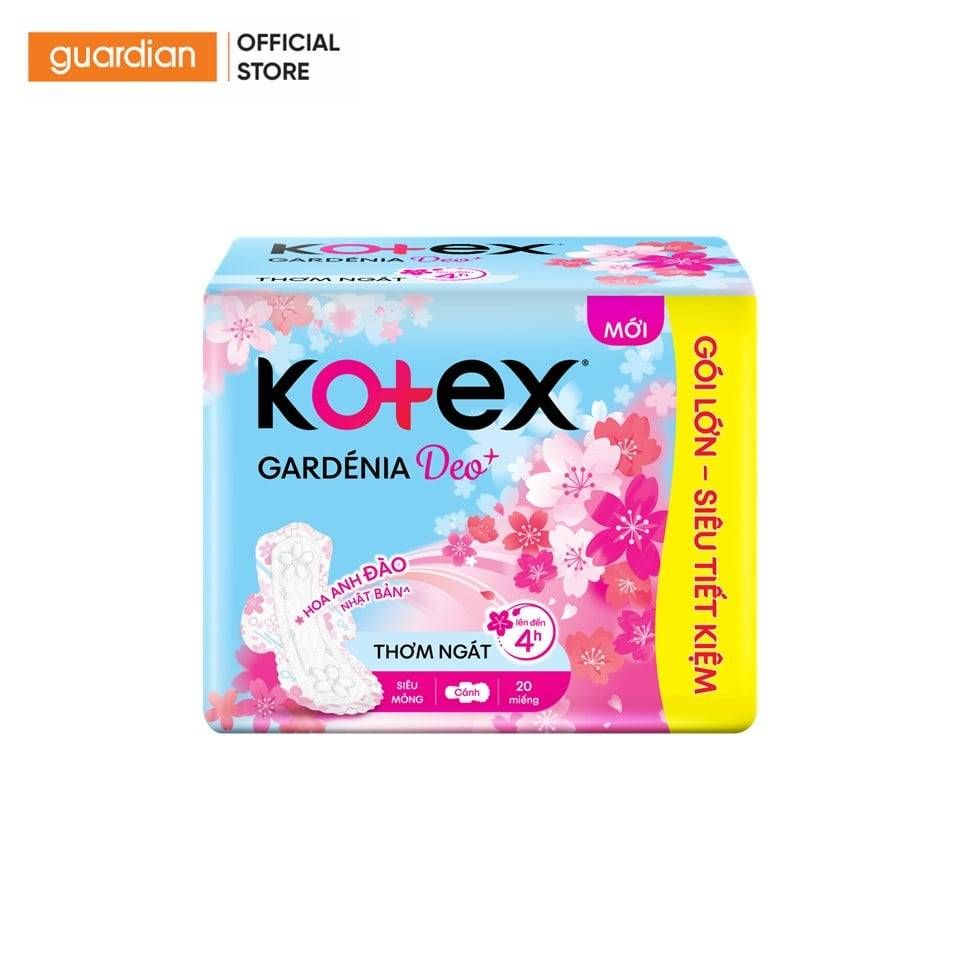 Băng Vệ Sinh Kotex Gardenia Deo+ Hương Hoa Anh Đào Mặt Bông Siêu Mỏng Cánh (Gói 20 Miếng)