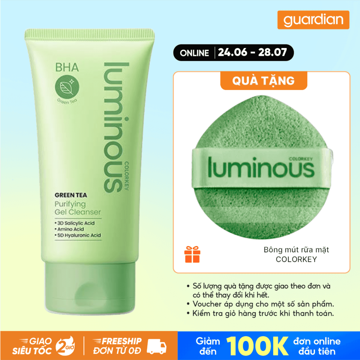 Gel Rửa Mặt Trà Xanh Colorkey Luminous Green Tea Purifying Gel Cleanser 100g