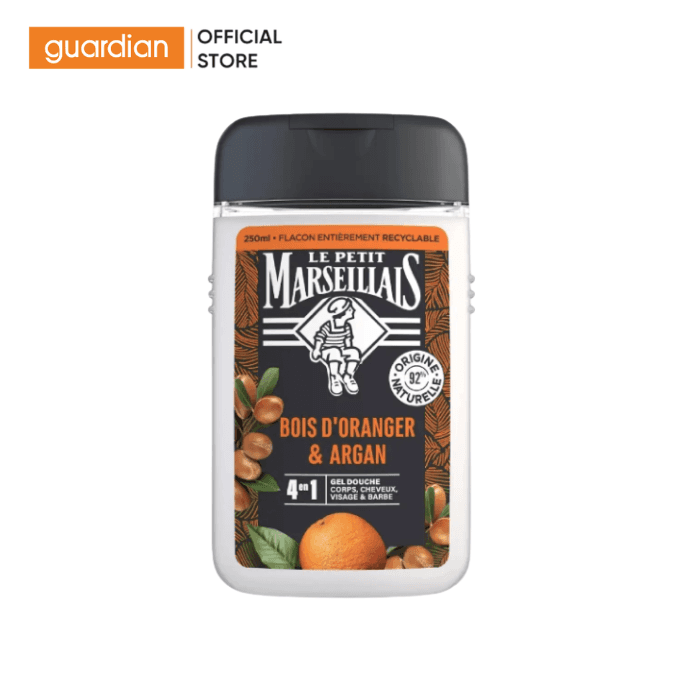Gel Tắm Le Petit Marseillais 4 Trong 1 Tăng Cường Năng Lượng Chiết Xuất Gỗ Cam & Dầu Argan Dùng Cho Cơ Thể, Tóc, Mặt & Râu 250ml