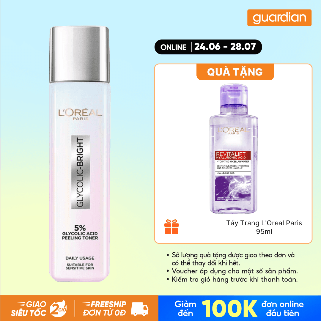 Nước Dưỡng Da Mềm Mịn, Sáng Da Loreal Paris Glycolic Bright Glowing Peeling Toner 128Ml