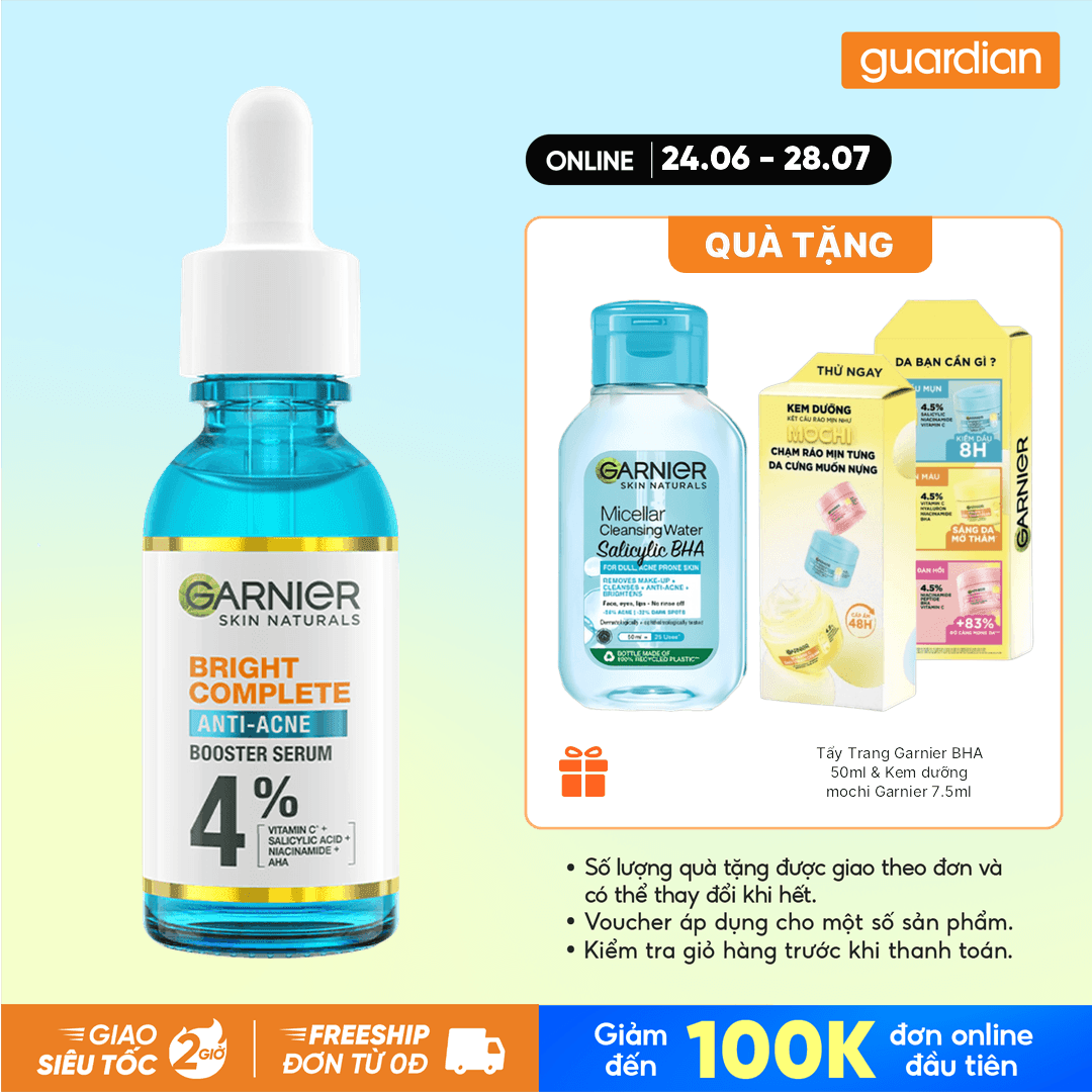 Tinh Chất Hỗ Trợ Mờ Thâm Sáng Da Garnier Bright Complete Anti-Acness Booster Serum 4% (Niacinamide, Bha, Aha, Vitamin C) Cho Da Dầu Mụn 30Ml