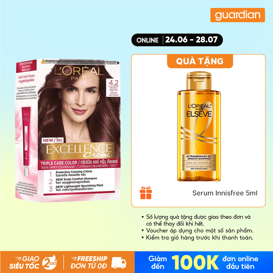 Kem Nhuộm Tóc Phủ Bạc L'Oreal PAris Excellence Creme 4.2 Pearly Brown Màu Nâu Ánh Tím 172Ml