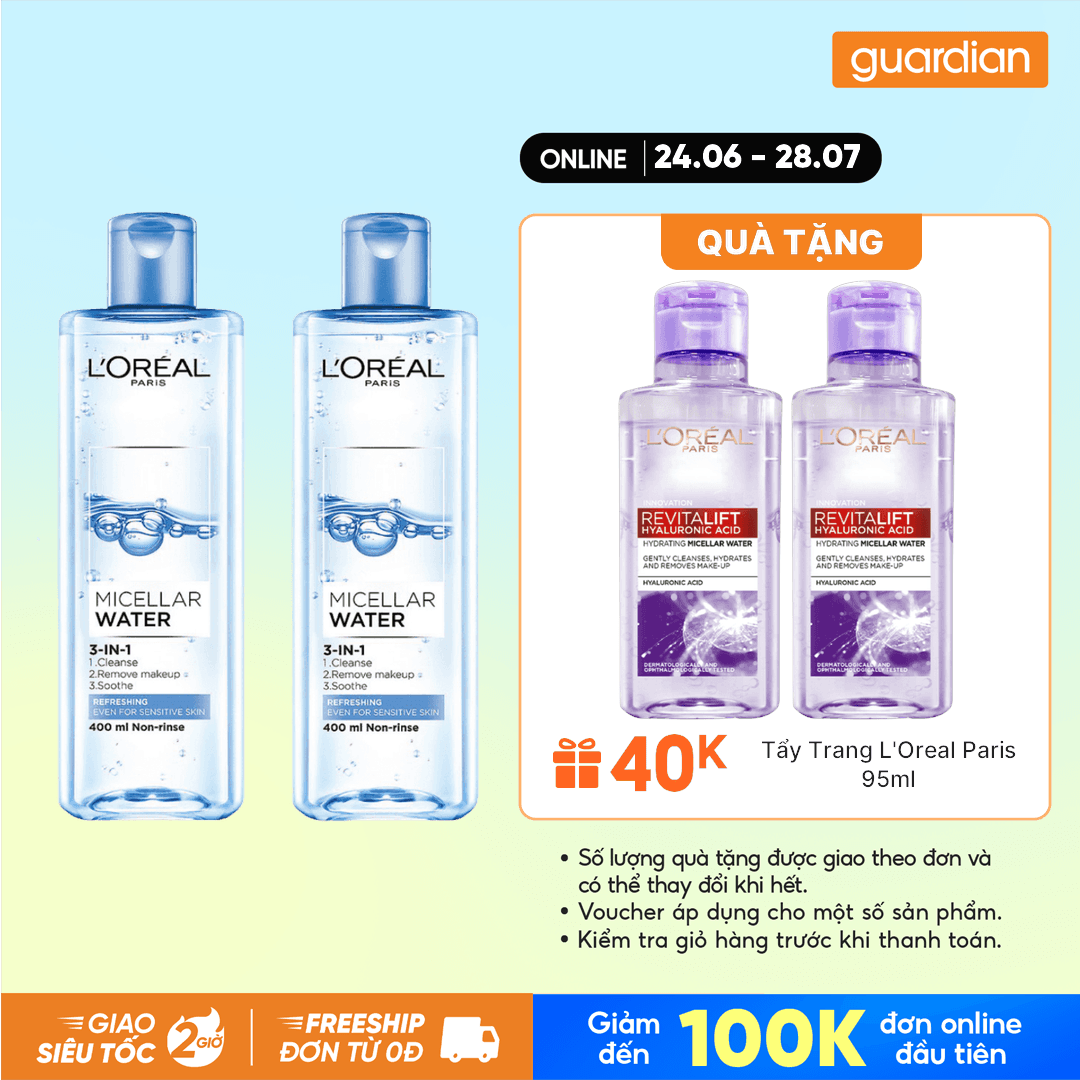 Combo 2 Nước Tẩy Trang L'Oréal Paris 3 In 1 Micellar Water Làm Tươi Mát Da 400Ml