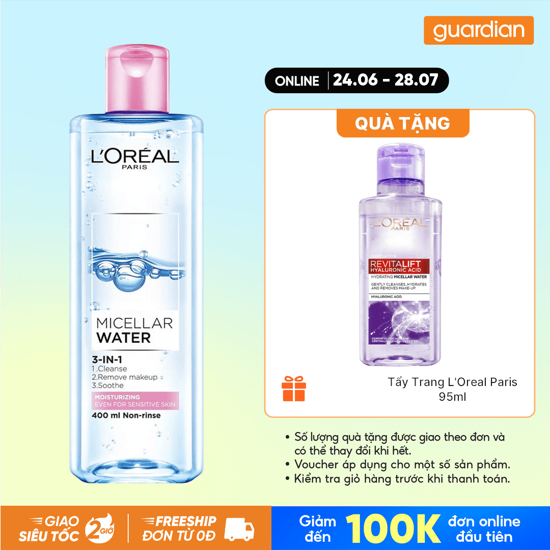 Nước Tẩy Trang Dưỡng Ẩm Cho Da Thường, Khô L'Oreal Paris Micellar Water 3-In-1 Moisturizing Even For Sensitive Skin 400Ml