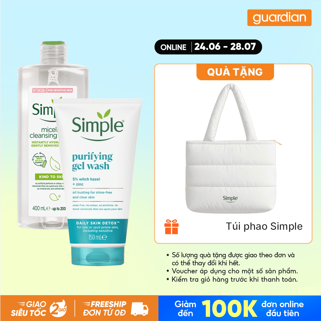 Combo Simple Nước Tẩy Trang Cấp Ẩm 400Ml & Sữa Rửa Mặt Detox 150Ml