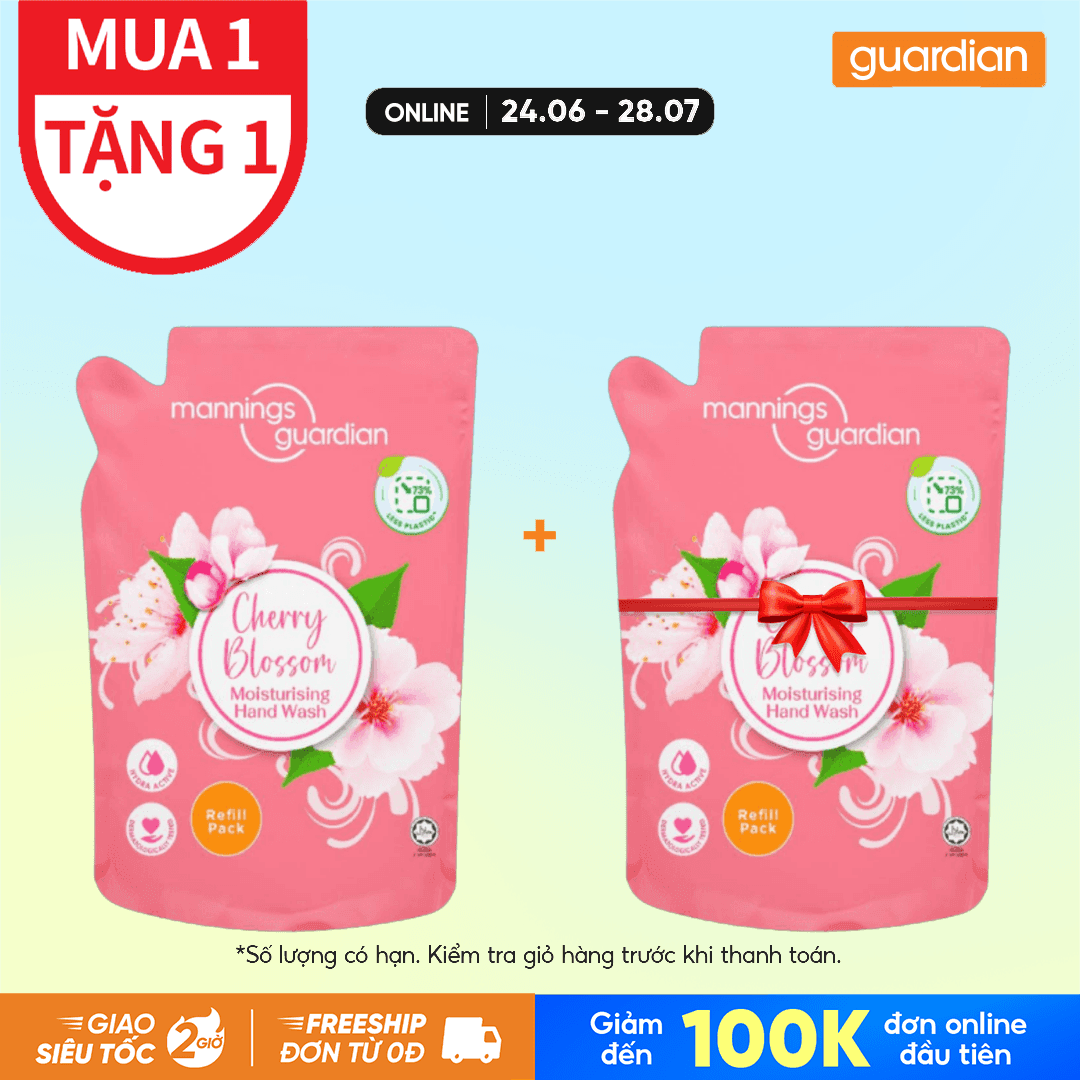 TÚI NƯỚC RỬA TAY DẠNG GEL ANH ĐÀO MANNINGS GUARDIAN CHERRY BLOSSOM MOISTURISING HAND WASH 450ML (POUCH)