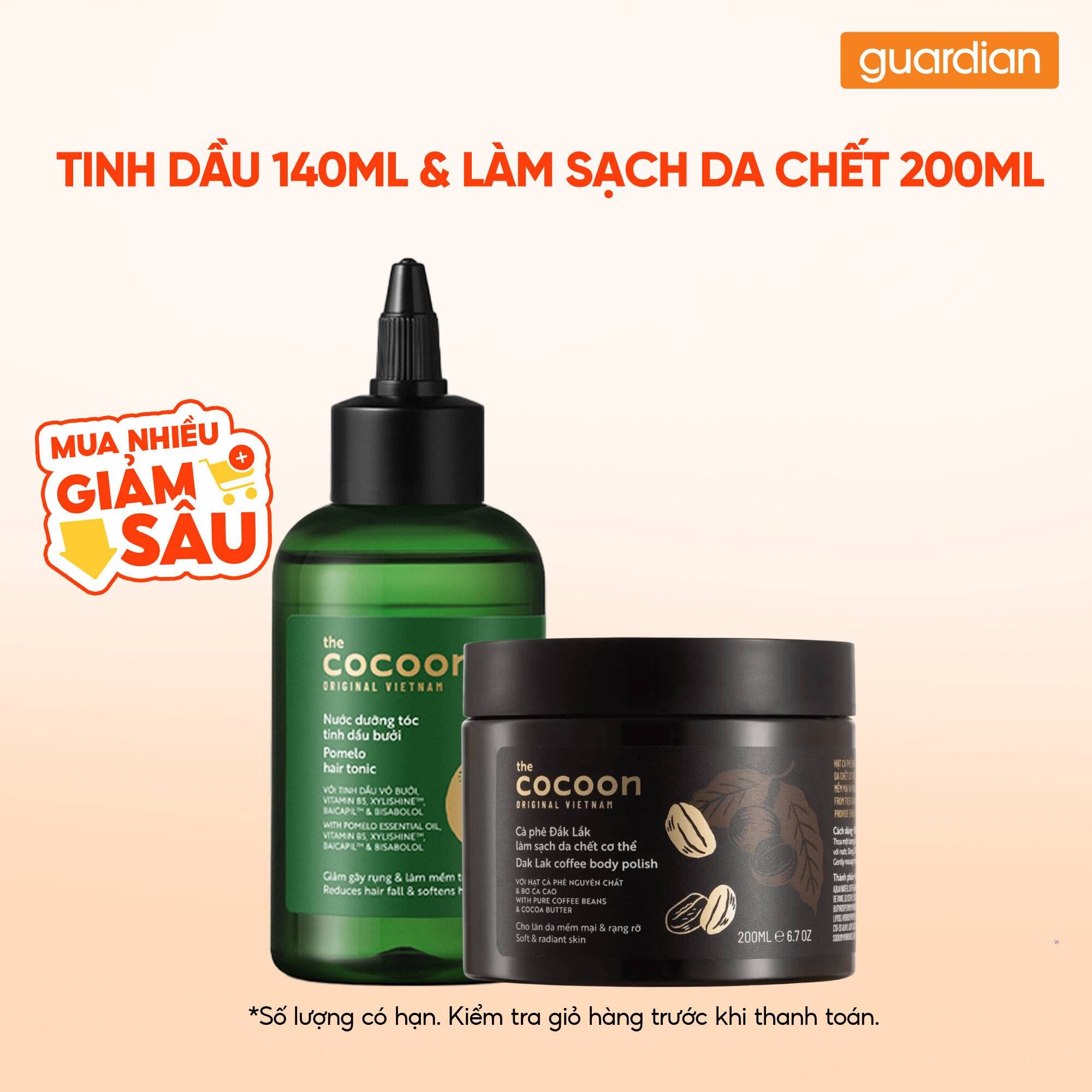 Combo 1 Cocoon Nước Dưỡng Tóc Tinh Dầu Bưởi 140ML & 1 Cafe Daklak Tẩy Sạch Da Chết200ML