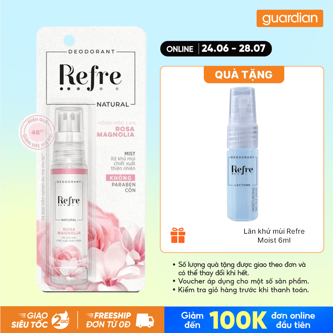 Xịt Khử Mùi Refre Natural Chiết Xuất Thiên Nhiên - Hồng Mộc Lan Rosa Magnolia 30ml