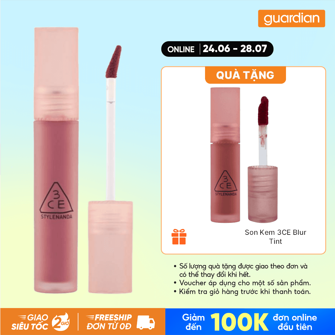 Son Kem Lì Mịn Mờ 3CE Blur Water Tint #Early Hour - Hồng Ô Liu 4.6G