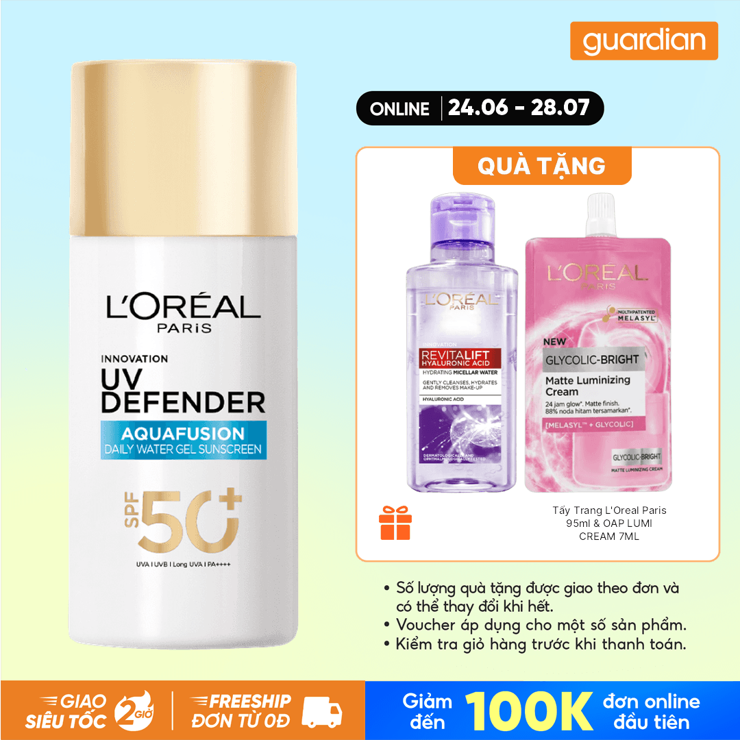 Chống Nắng Phổ Rộng Loreal Paris Water Gel UV Defender Aquafusion Daily Water Gel Sunscreen SPF 50+ PA++++ 60Ml