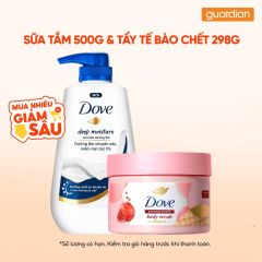 Combo Dove 1 Sữa Tắm Serum T&aacute;i Tạo Độ Ẩm 500gr & 1 Tẩy Tế B&agrave;o Chết Lựu Đỏ 298gr